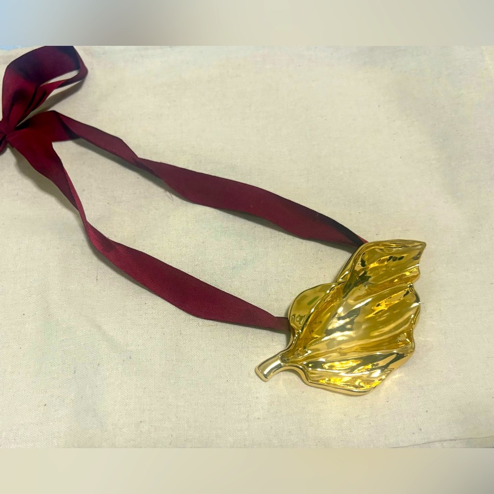 Zara- Gold Leaf Pendant Necklace with Burgundy Ribbon- Never used